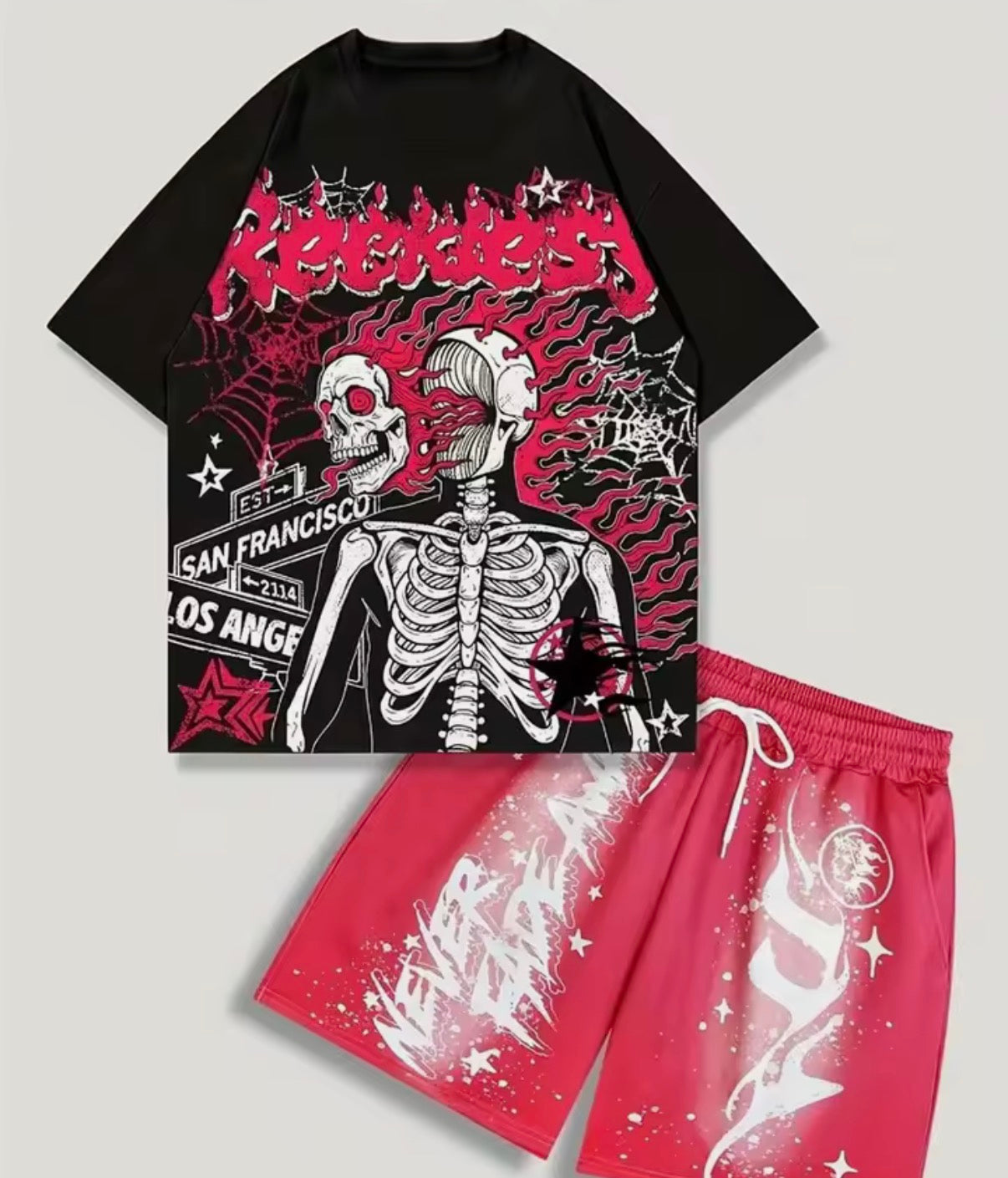 New men's set features street casual hip-hop fashion comfort and softness with 3D skull pattern print.